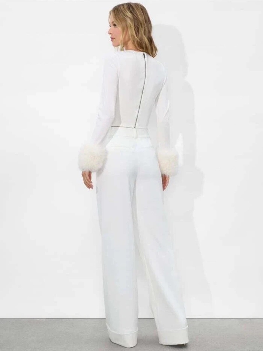 Alice + Olivia Delaina Faux Fur Cuff Off White Long Sleeve Mesh Layered Top NEW - Picture 5 of 12